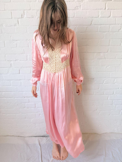 1930s Italian Pink Silk Satin Lace Nightgown