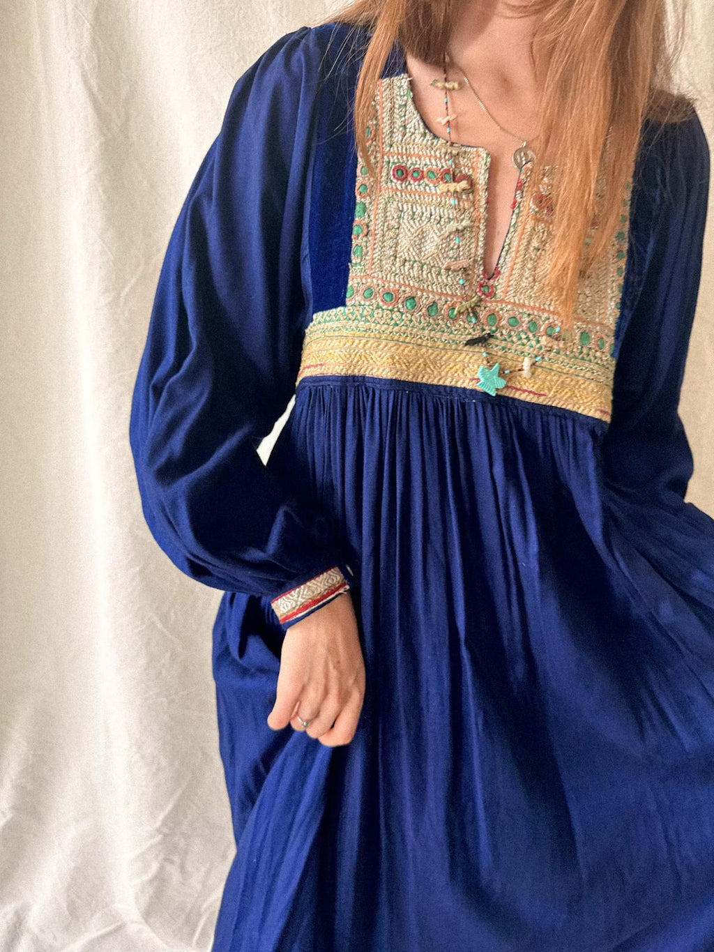 1970s Afghan Folk Dress in Cobalt Blue Velvet & Handworked Tribal Yoke