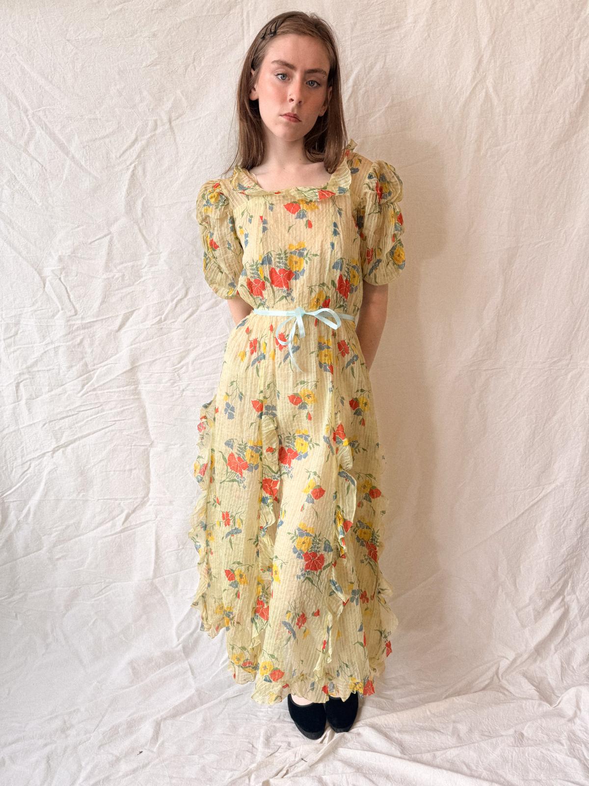 1930s Semi-Sheer Crinkled Rayon Taffeta Party Dress