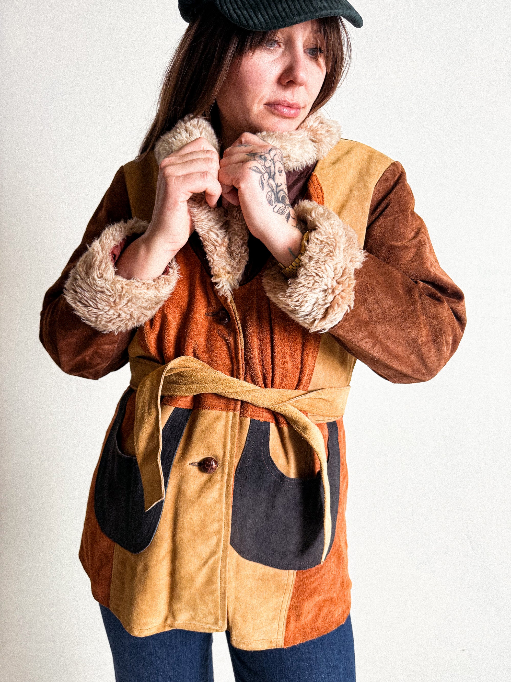 1970s Colourblock Suede and Fake-Fur Belted Jacket