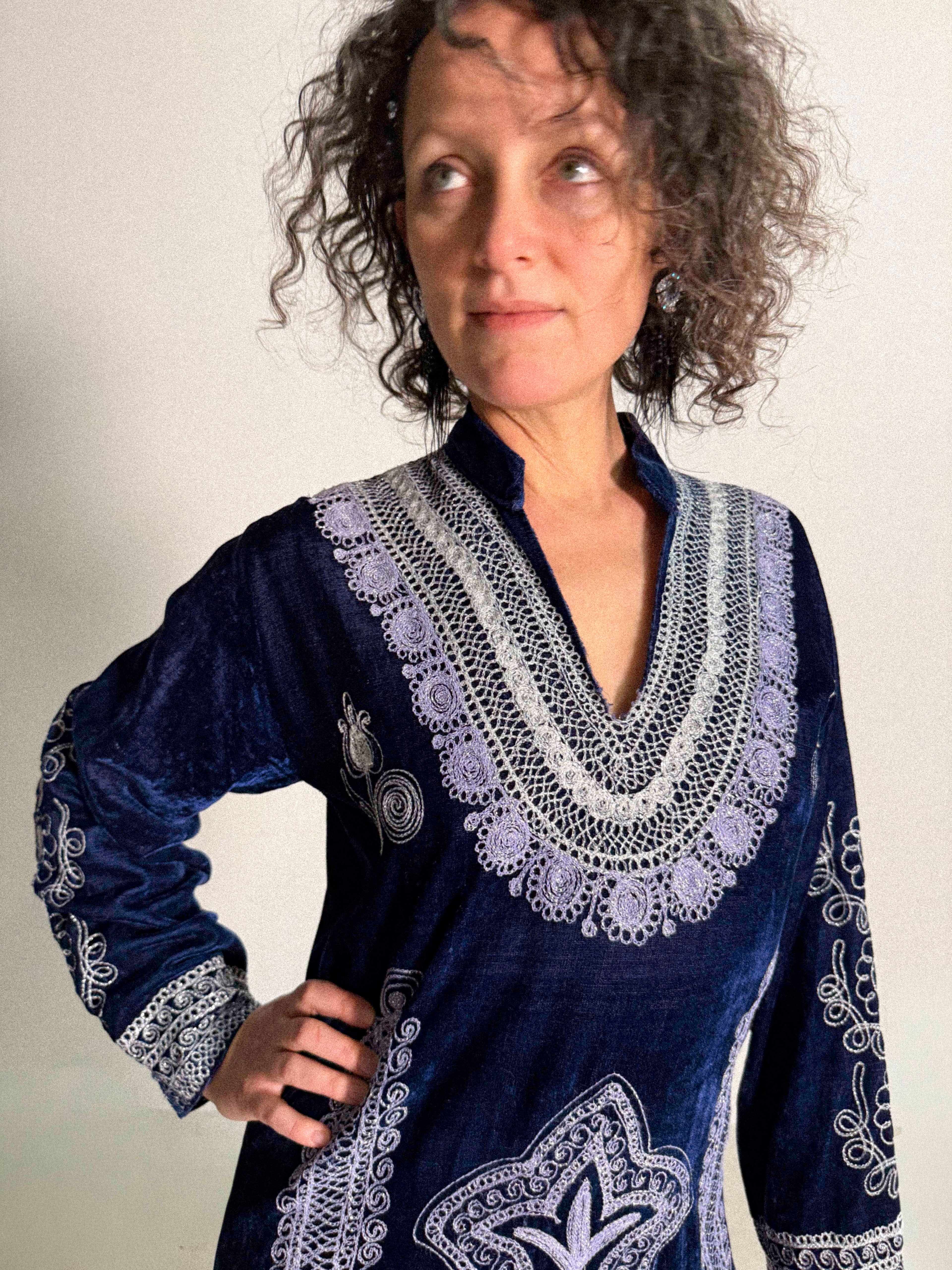 1970s Blue Velvet Moroccan Caftan