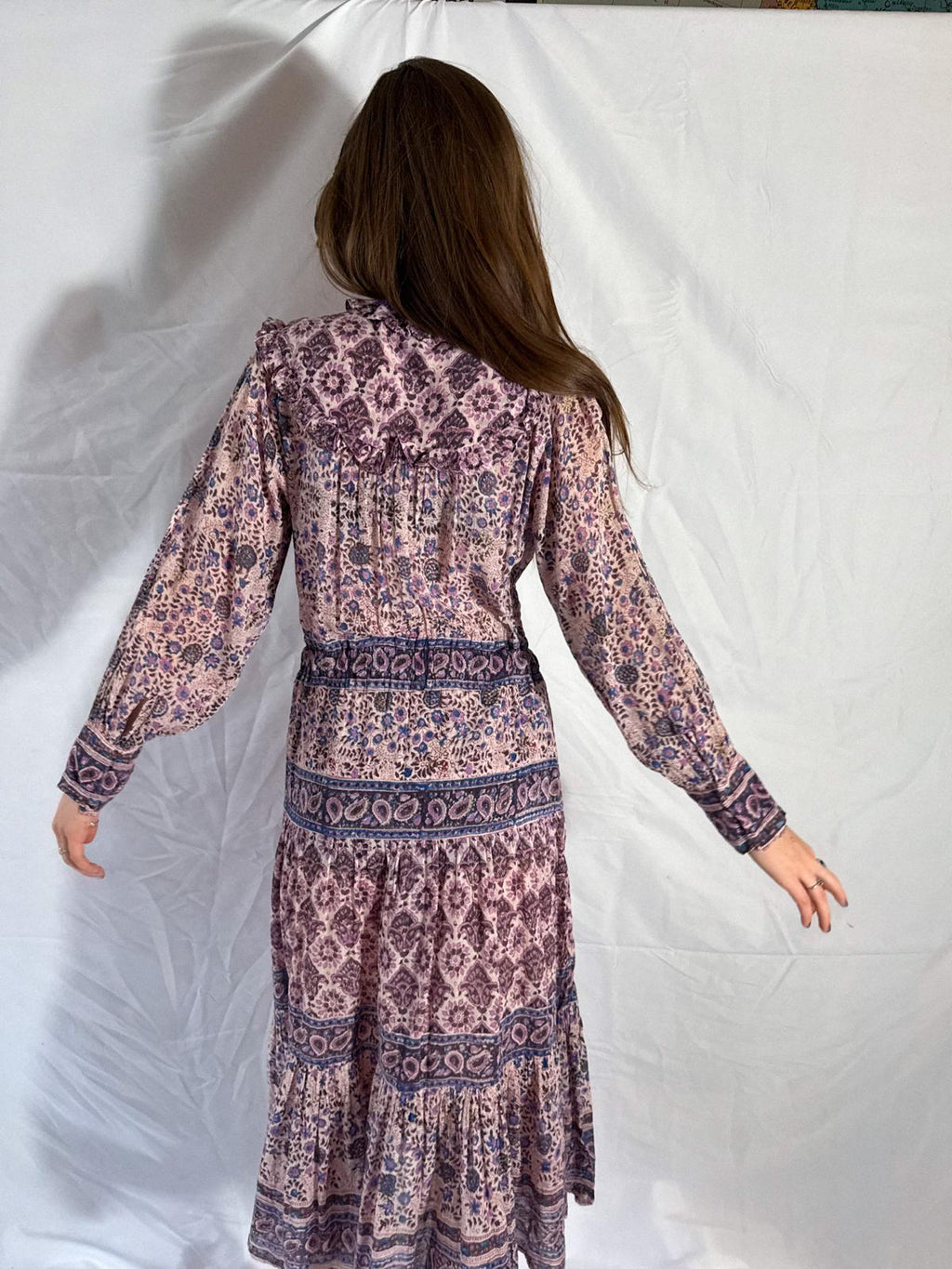 1970s Indian Cotton Gauze Block Print Prairie-Style Dress with Ruffled Neckline and Drawstring Waist
