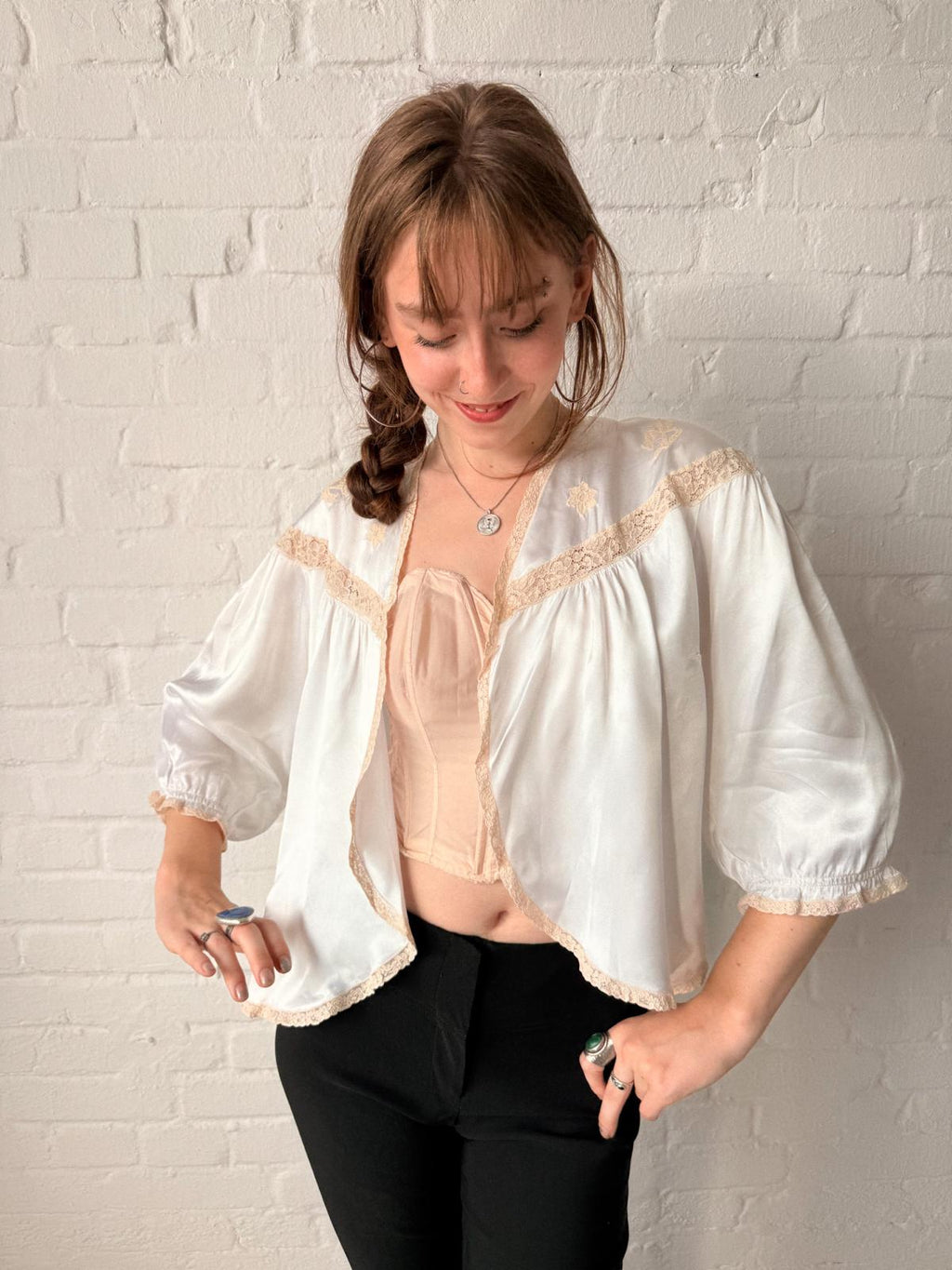 1930s Ivory Liquid Satin Bed Jacket