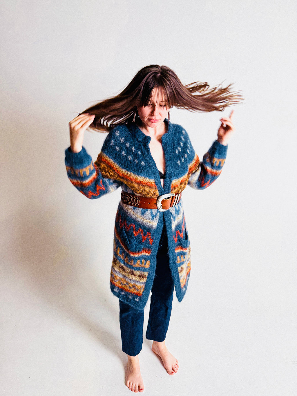 1970s/80s Long Mohair Cardigan with Nordic Pattern