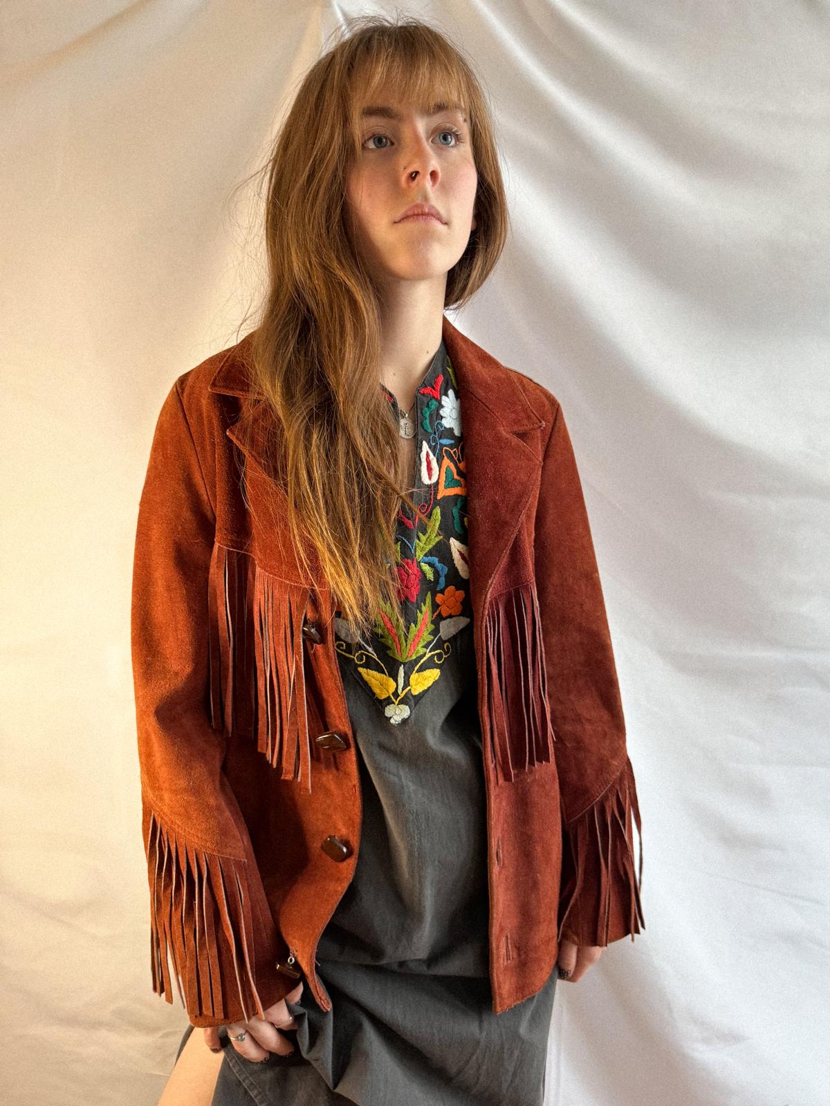1960s Mexican Suede Fringe Jacket in Berry Rust Red