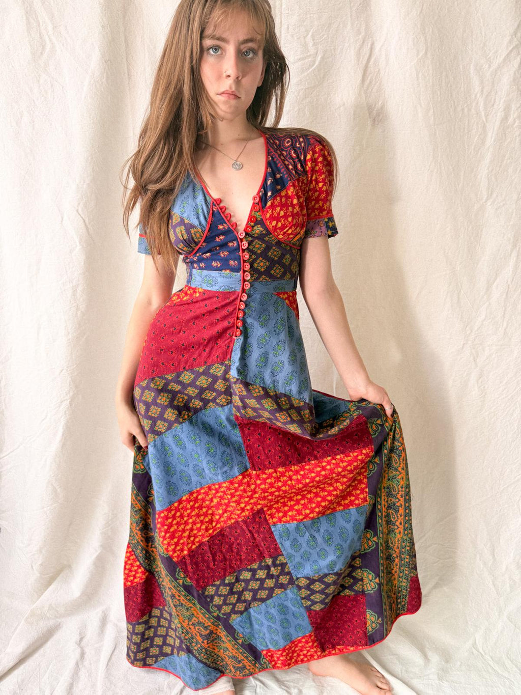 1970s Indian Cotton Patchwork Maxi Dress | Block Print Bohemian Folk Dress