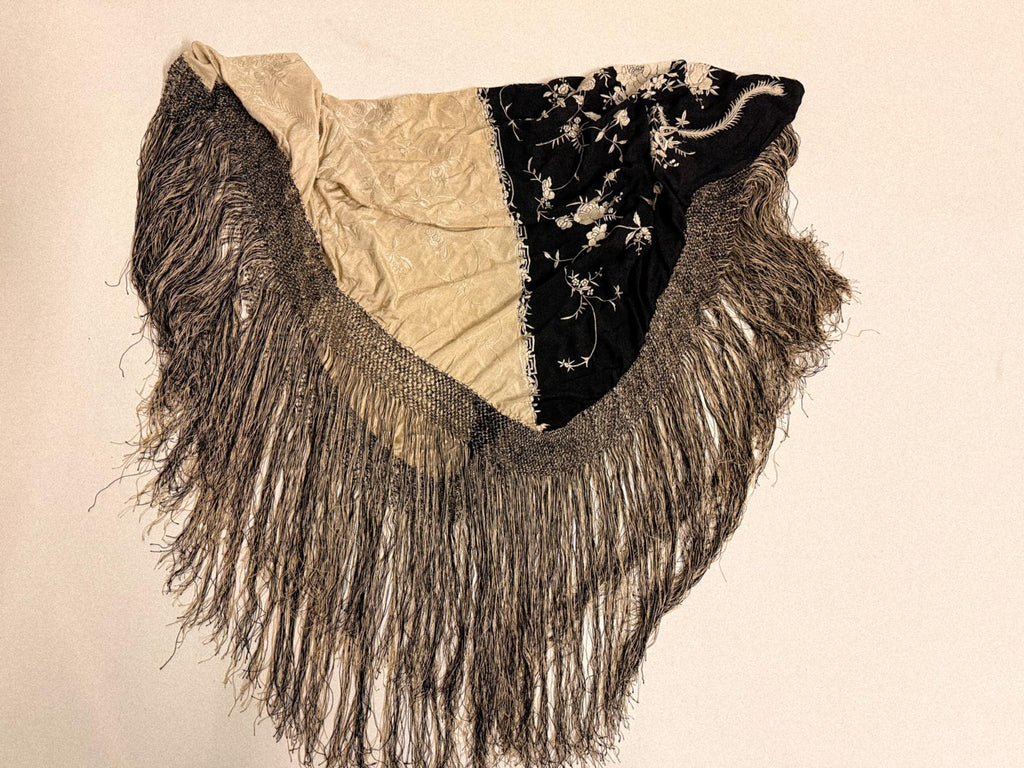 1920s Black & Ivory “Yin-Yang” Embroidered Silk Piano Shawl