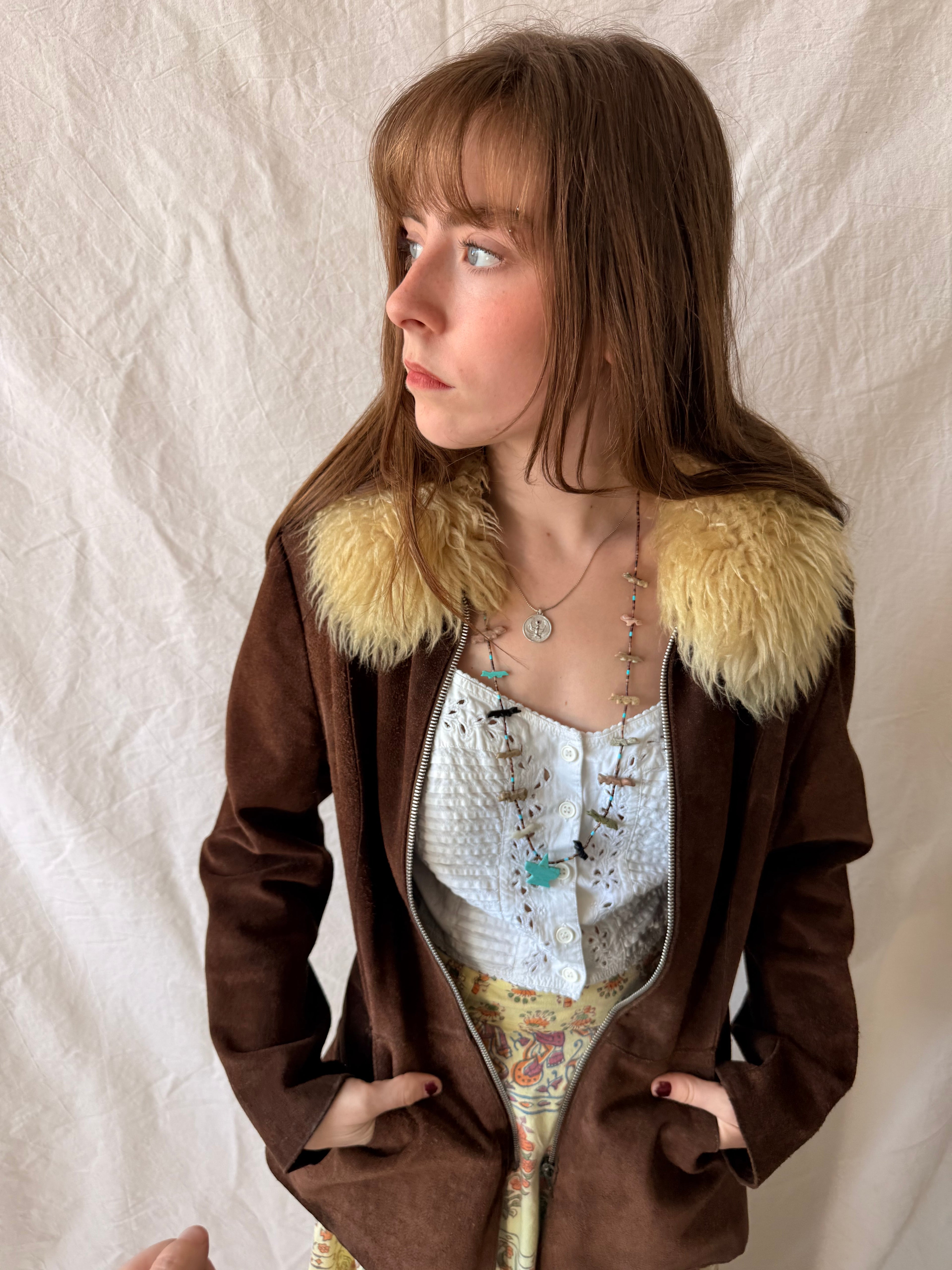 Vintage 1970s Brown Suede Penny Lane Jacket with Sheepskin Collar