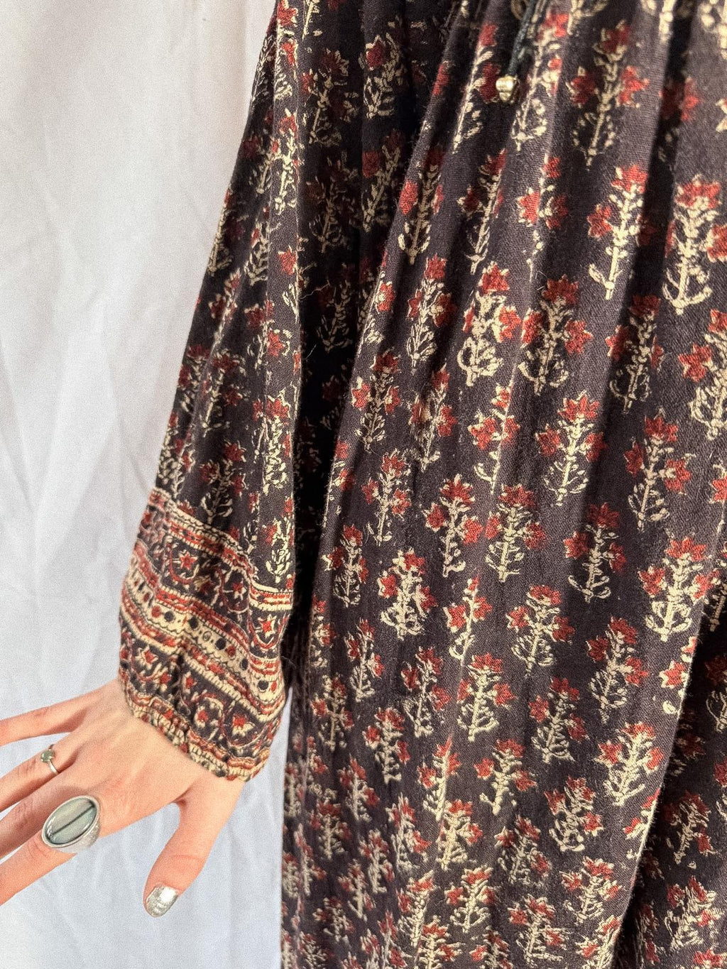 1970s Indian Block Print Cotton Dress with Quilted Yoke and Hem