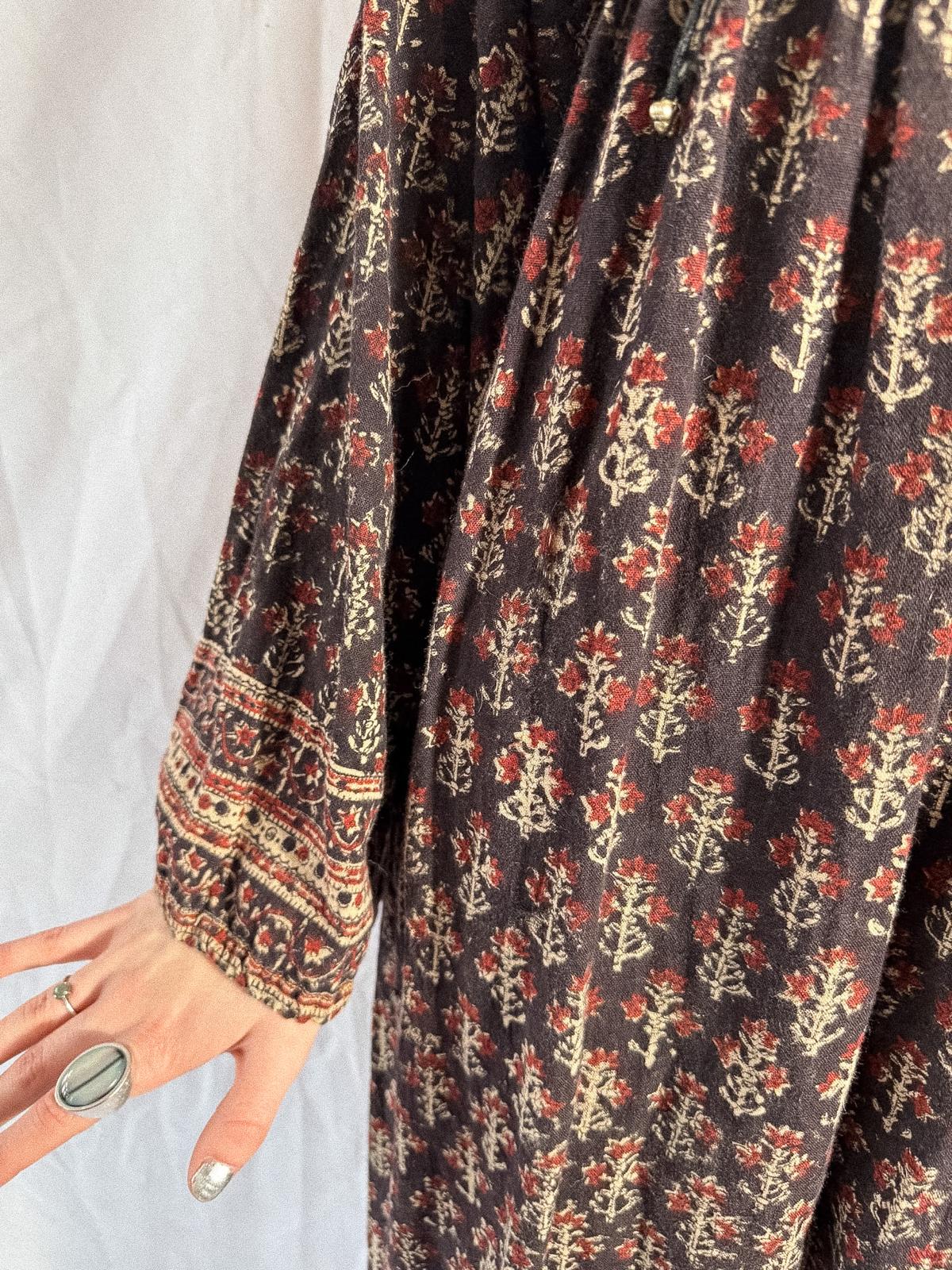 1970s Indian Block Print Cotton Dress with Quilted Yoke and Hem