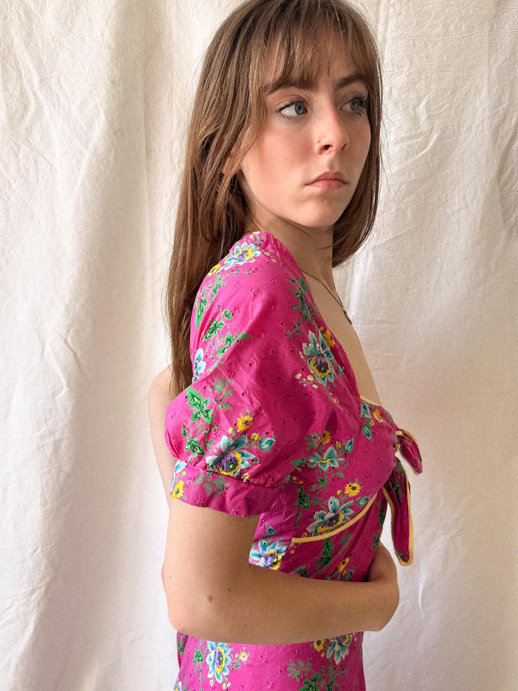 1970s Hot Pink Floral Broderie Anglaise Maxi Dress