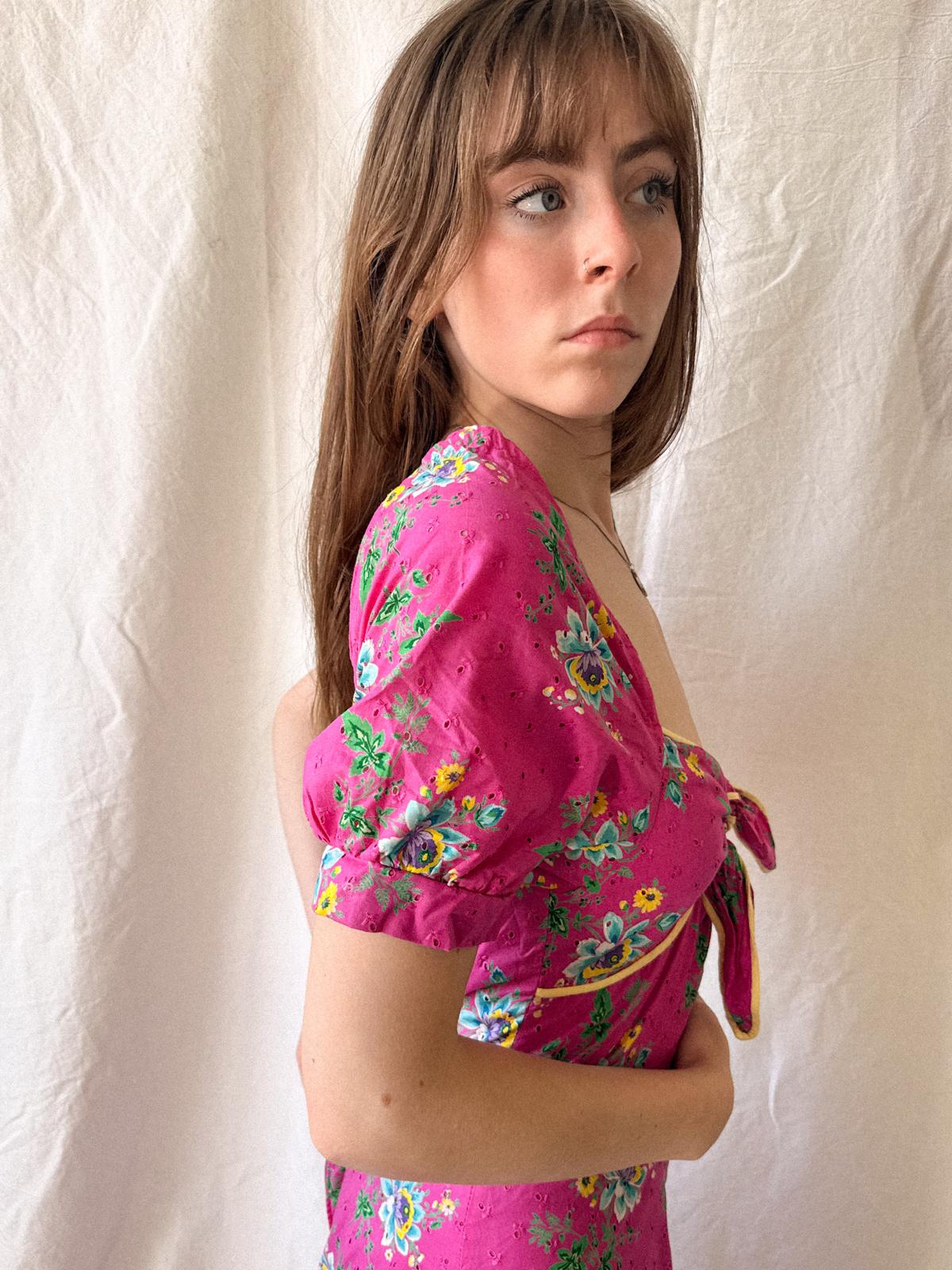 1970s Hot Pink Floral Broderie Anglaise Maxi Dress