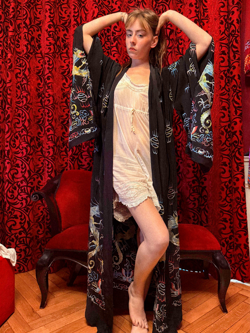 Antique 1920s Embroidered Silk Duster/ Kimono – Egyptian Revival