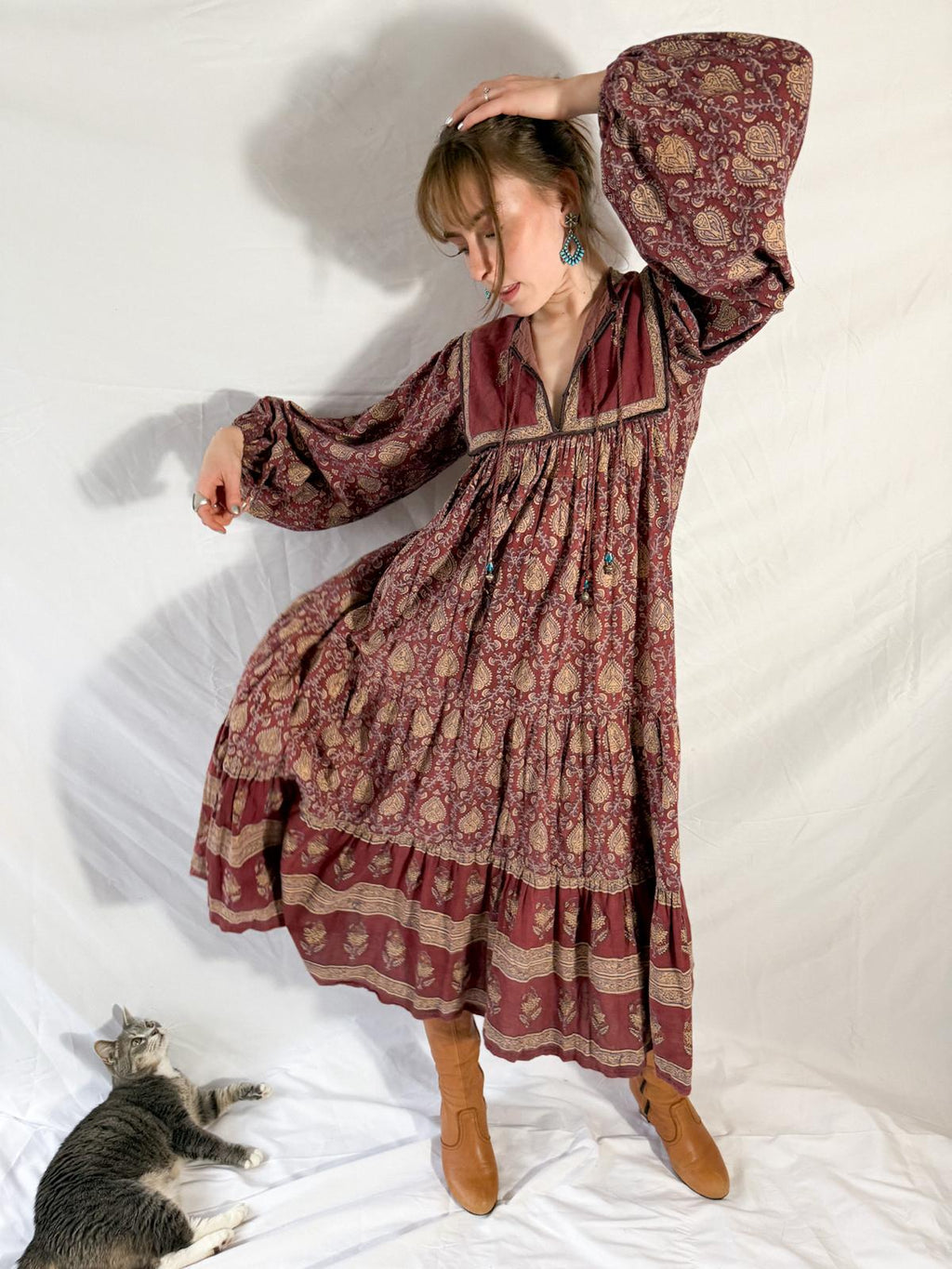 1970s Indian Block Print Cotton Dress with Tiered Skirt and Beaded Tassels