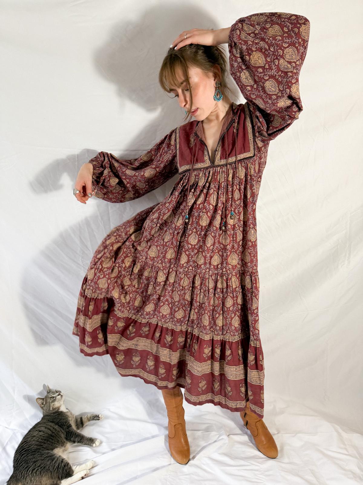 1970s Indian Block Print Cotton Dress with Tiered Skirt and Beaded Tassels