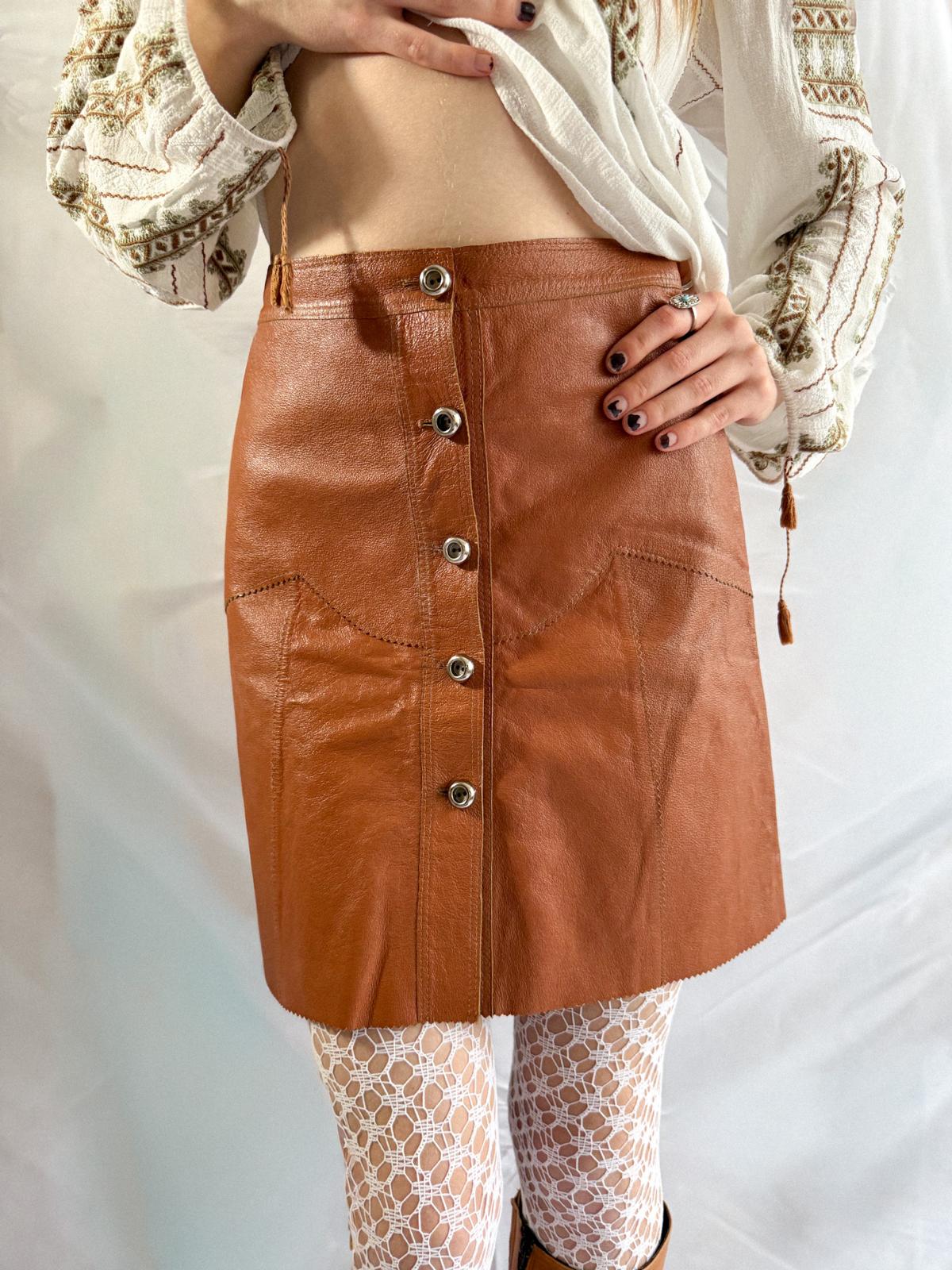 1970s Genuine Leather Mini Skirt – Caramel Brown Button Front Lambskin Skirt