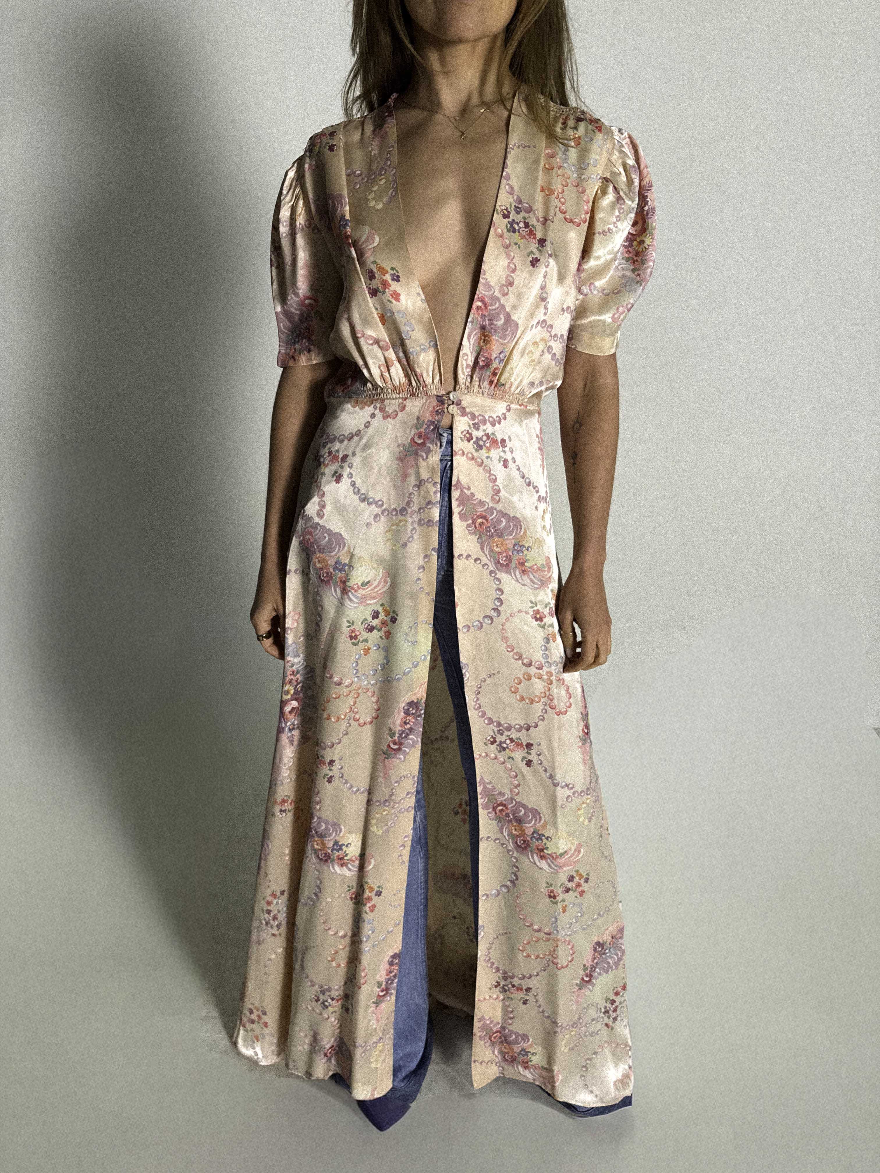 1930s–1940s Satin Peignoir Robe with Flared Panelled Skirt