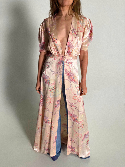 1930s–1940s Satin Peignoir Robe with Flared Panelled Skirt