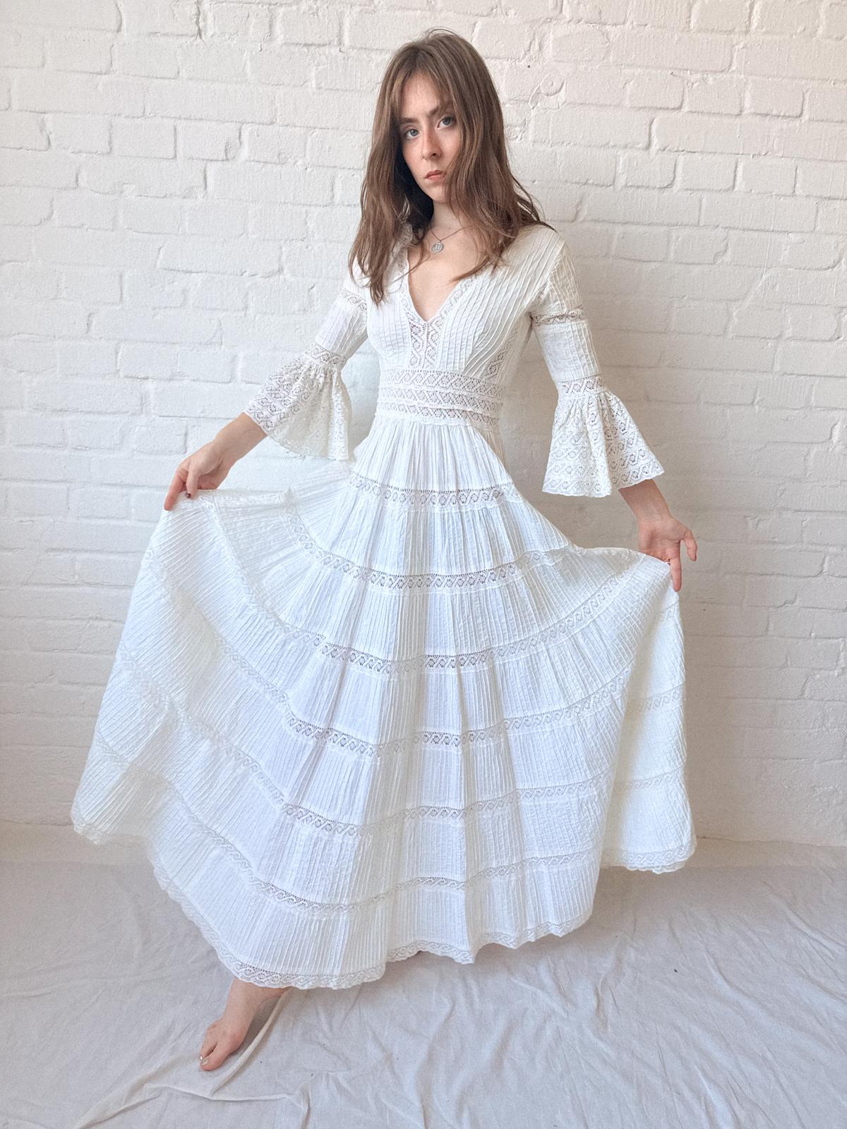 1970s Mexican Cotton and Crochet Lace Dress