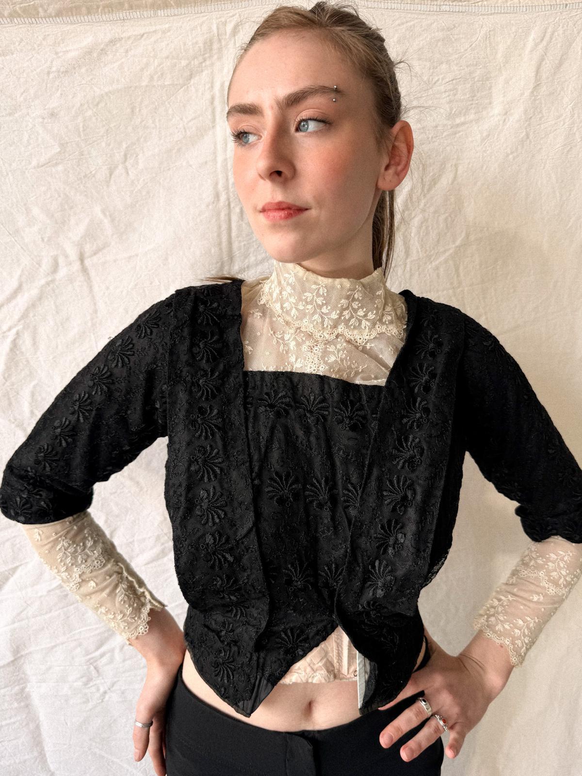 Victorian / Early Edwardian Black Silk & Lace Boned Bodice | Antique Embroidered Jacket | c. 1895–1910