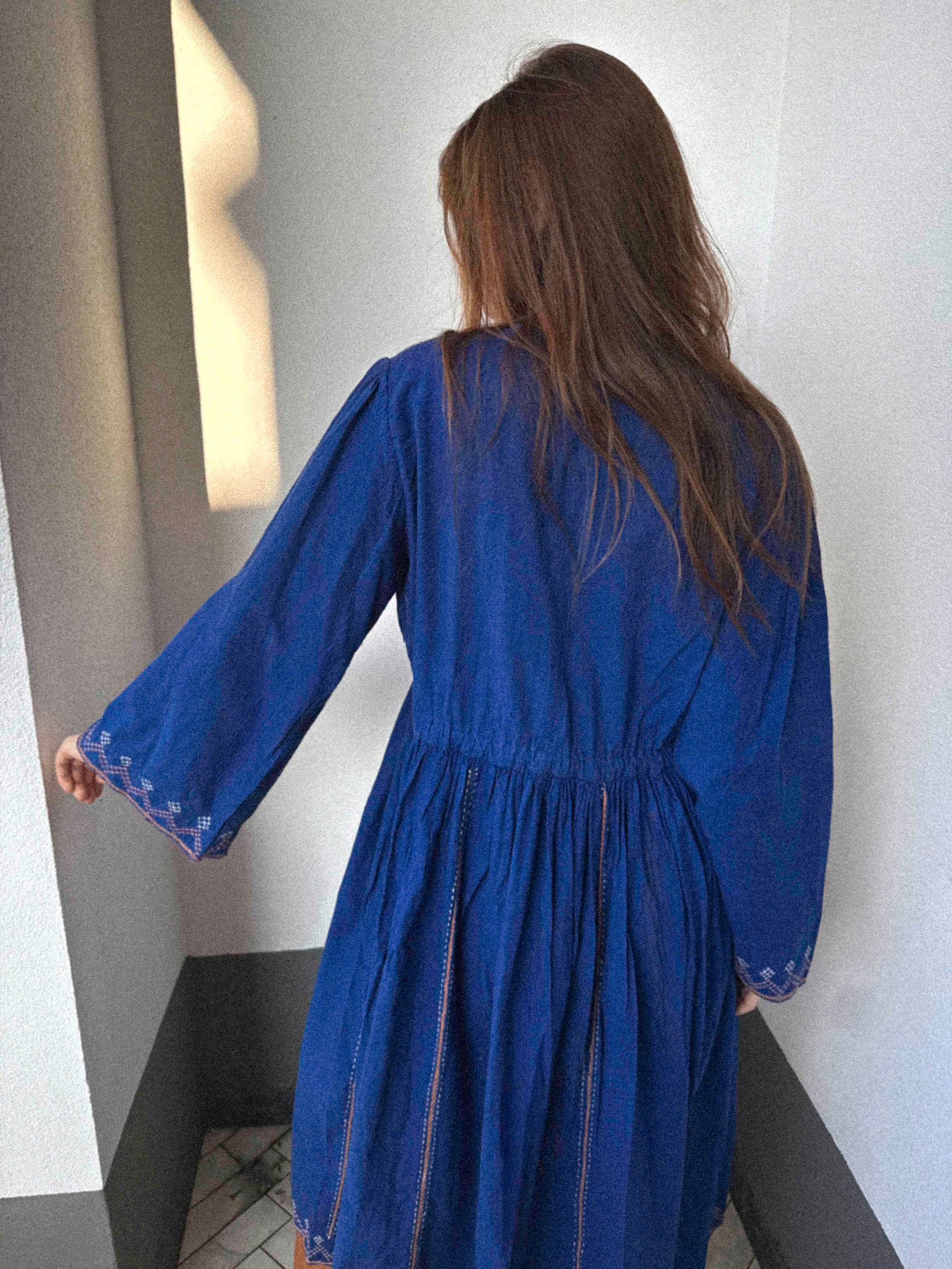 1970s Afghan Cotton Dress in Ultramarine Blue with Embroidery | Kabul Imports