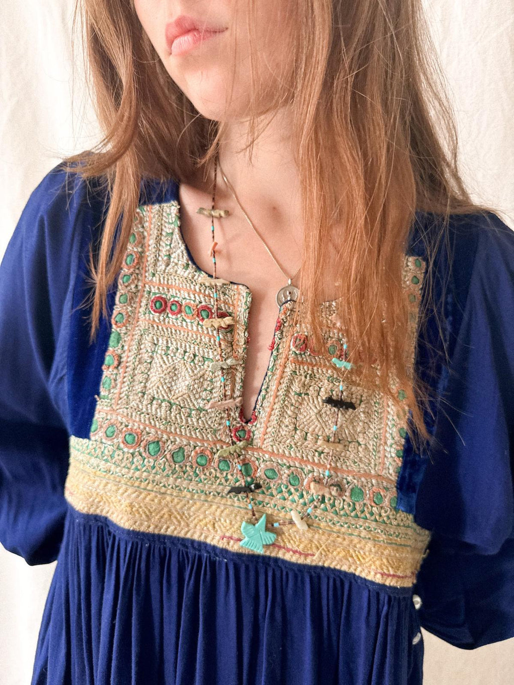 1970s Afghan Folk Dress in Cobalt Blue Velvet & Handworked Tribal Yoke