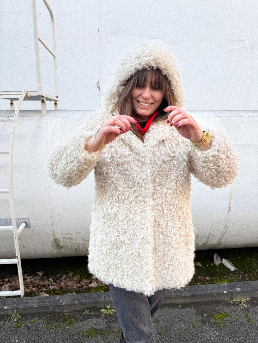 1970s Mongolian Lamb Coat with Hood – Curly Sheepskin, Satin Lined, Leather Toggles