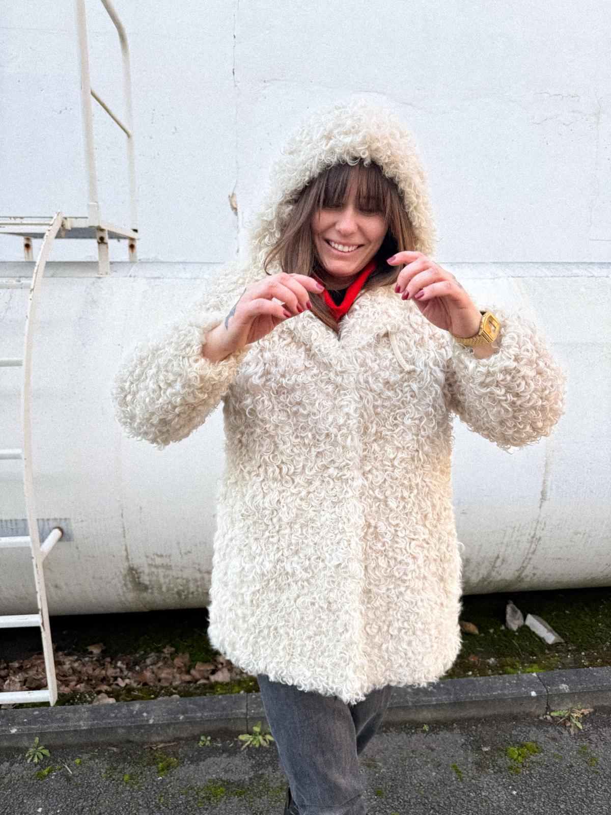 1970s Mongolian Lamb Coat with Hood – Curly Sheepskin, Satin Lined, Leather Toggles