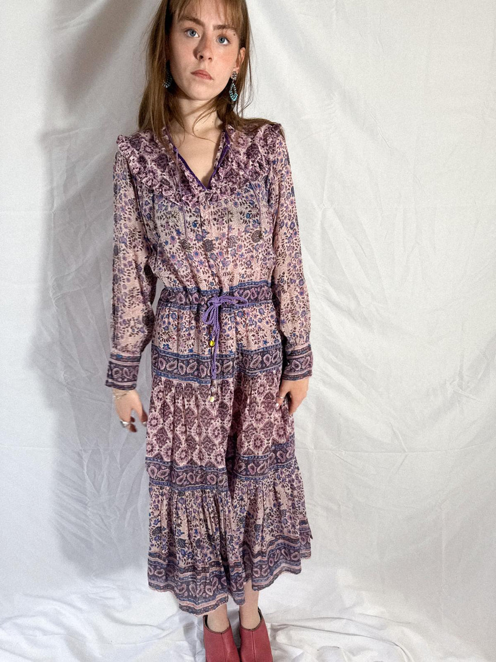 1970s Indian Cotton Gauze Block Print Prairie-Style Dress with Ruffled Neckline and Drawstring Waist