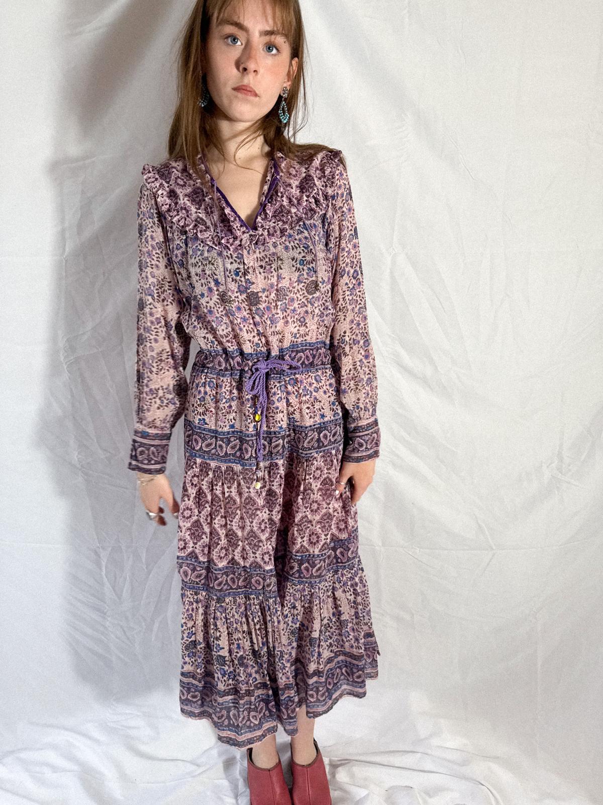 1970s Indian Cotton Gauze Block Print Prairie-Style Dress with Ruffled Neckline and Drawstring Waist