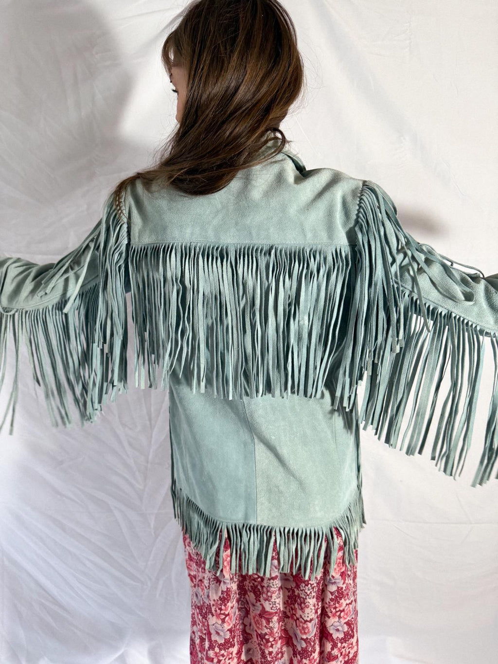 1970s Mint Green Suede Fringe Jacket