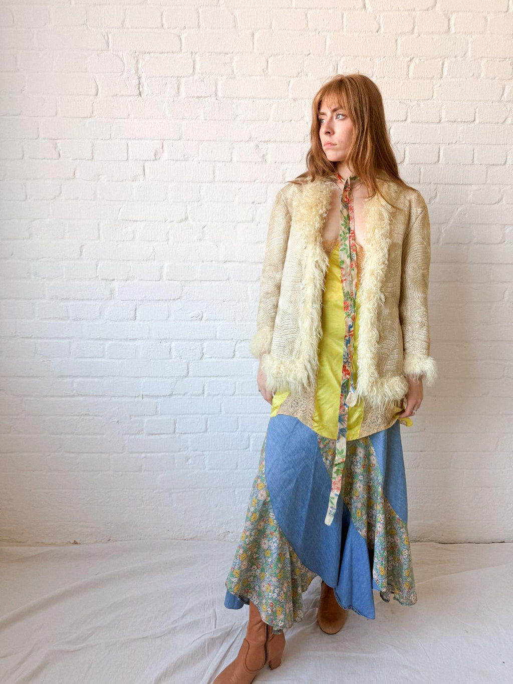 1970s Asymmetrical Patchwork Chambray & Floral Maxi Skirt