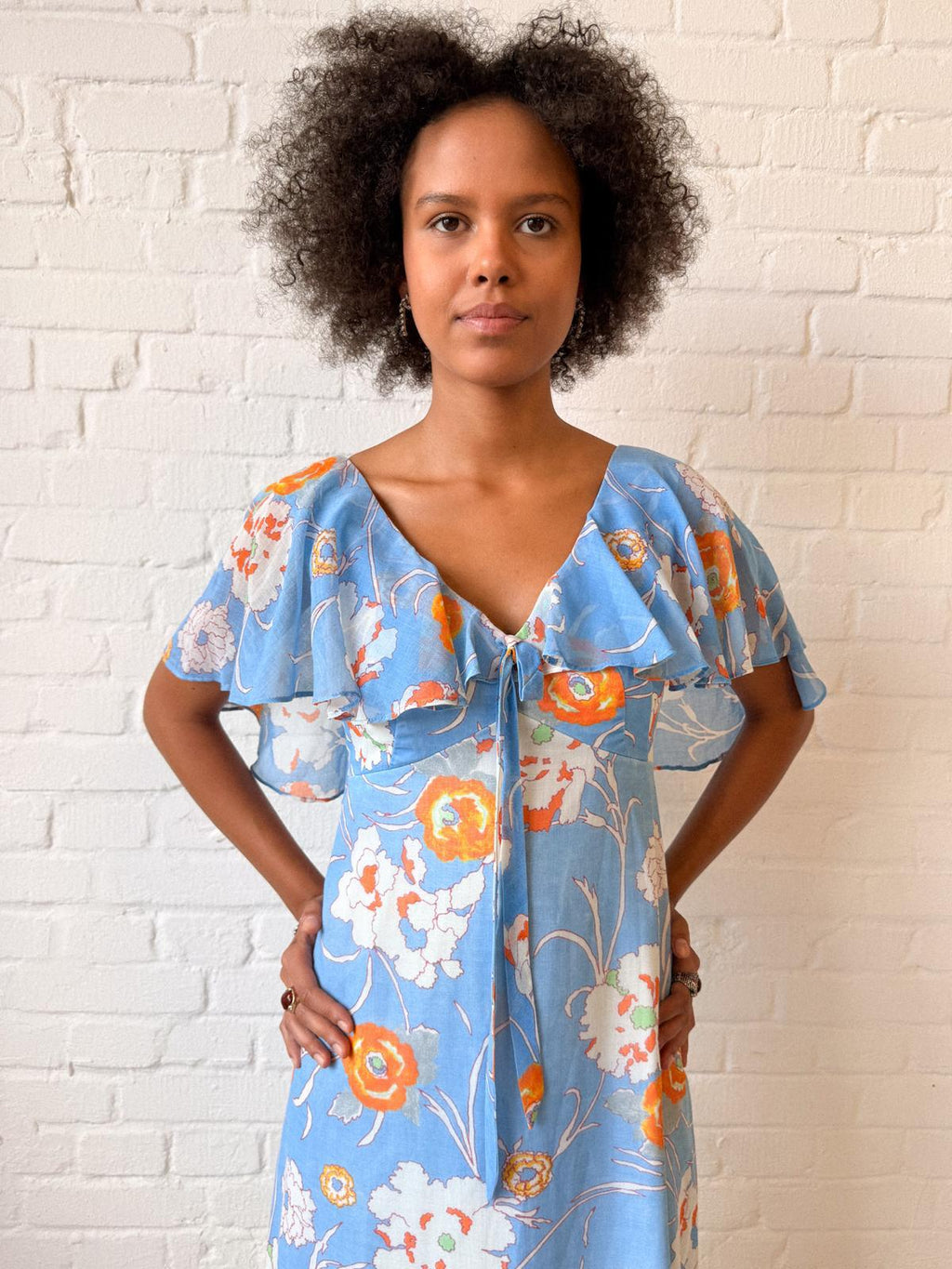 1960s–70s Hawaiian Floral Maxi Dress with Flutter Capelet
