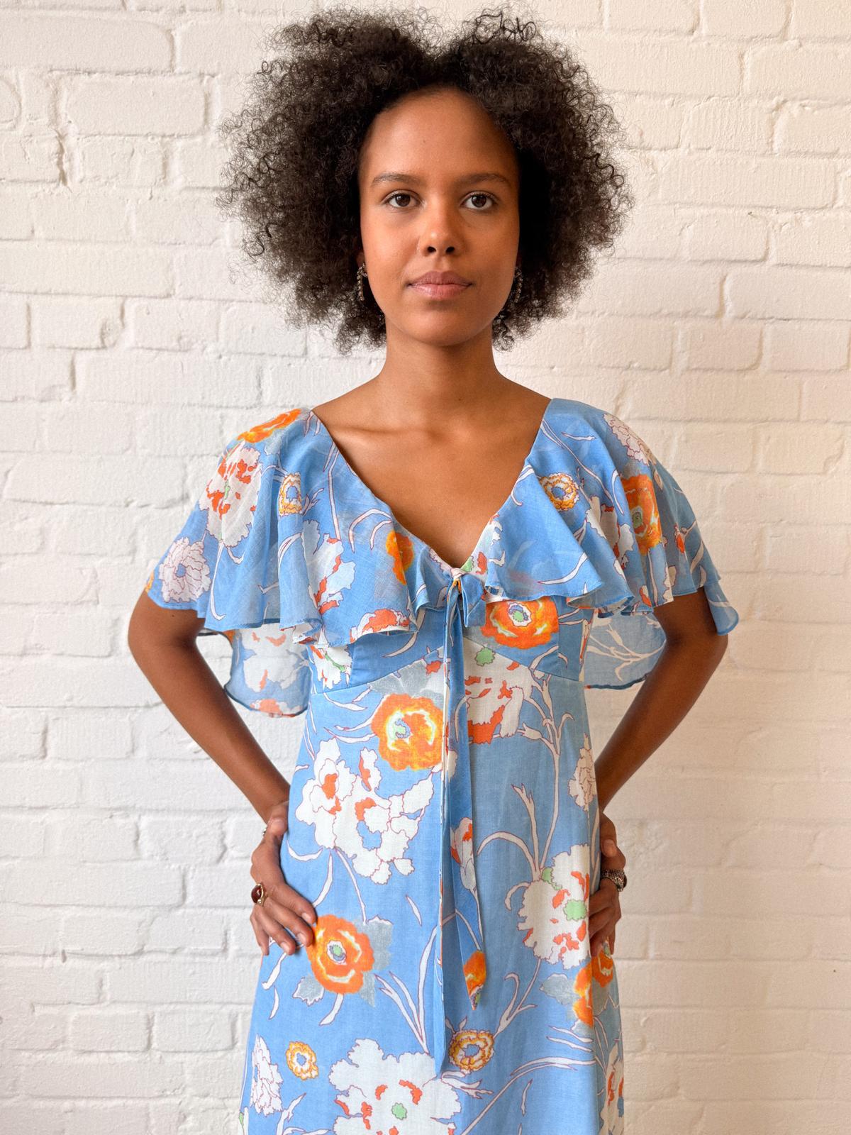 1960s–70s Hawaiian Floral Maxi Dress with Flutter Capelet