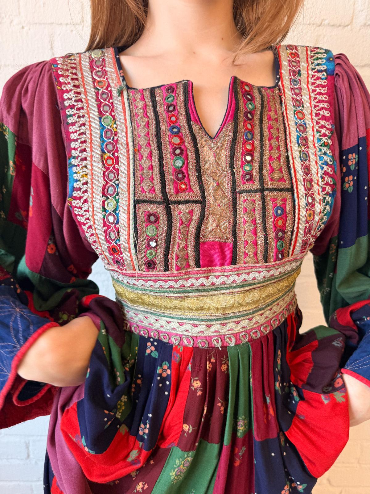 1970s Afghan-Style Patchwork Maxi Dress with Mirrorwork Embroidered Bodice