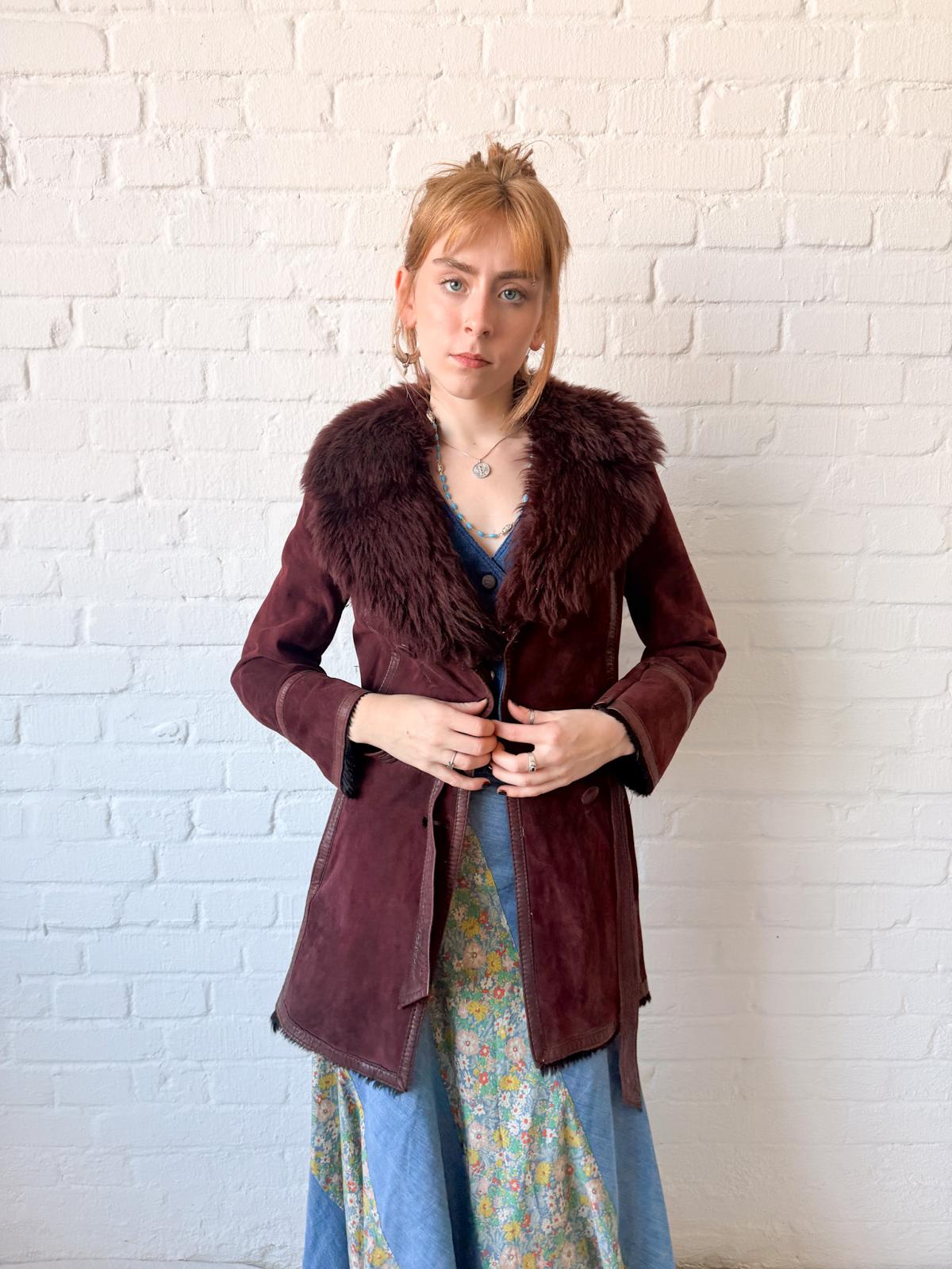 1970s Aubergine Suede & Shearling Coat with Oversized Fur Collar