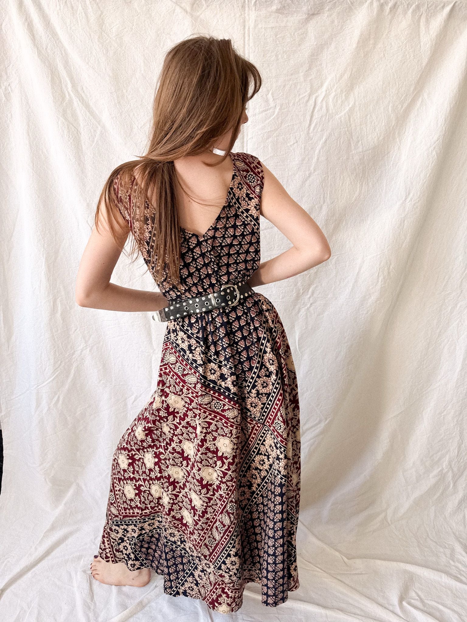 1970s Indian Block Print Cotton Caftan Dress