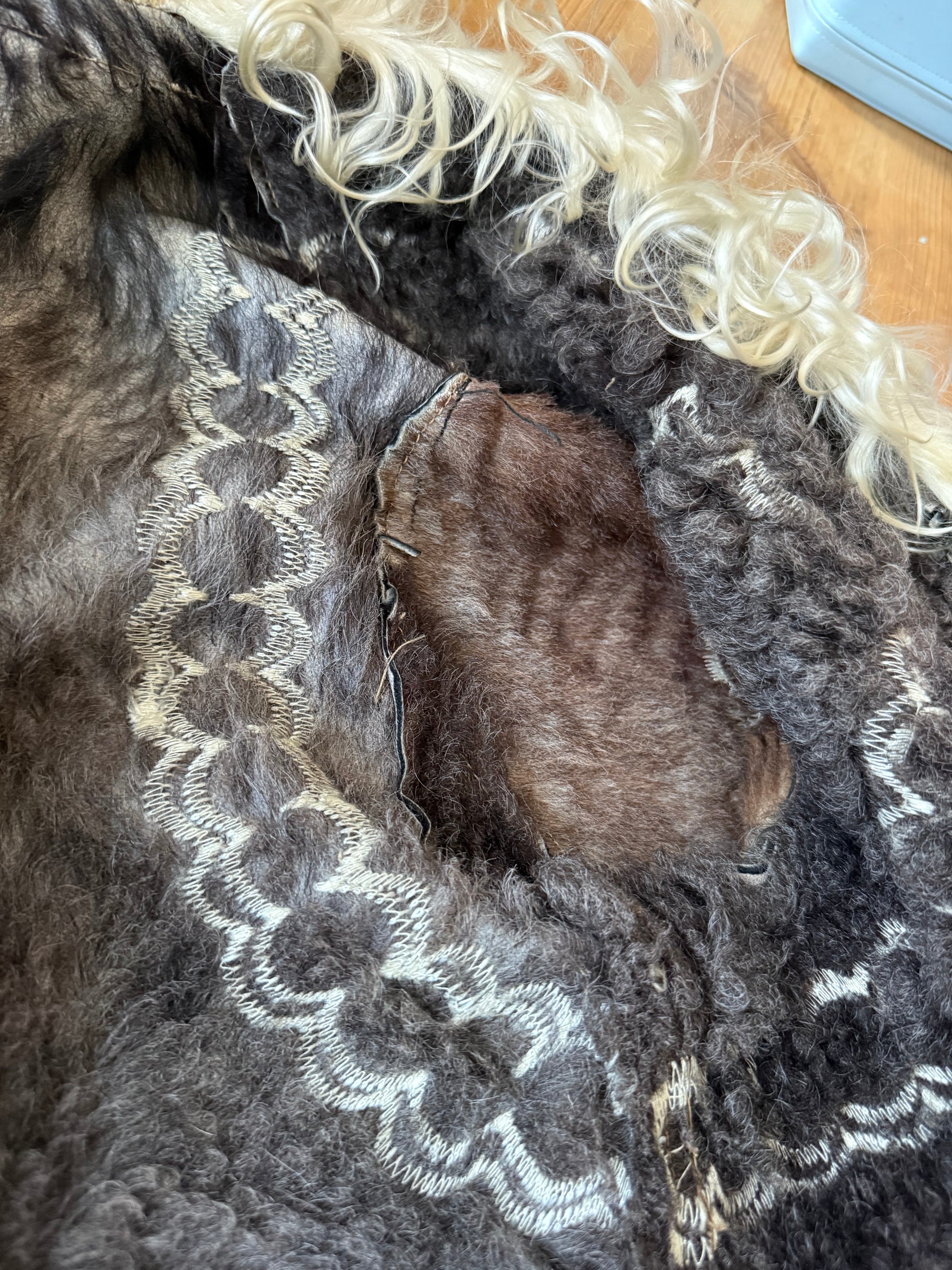 1960s/70s Inky Black Embroidered Afghan Shearling Coat with Lambswool Lining