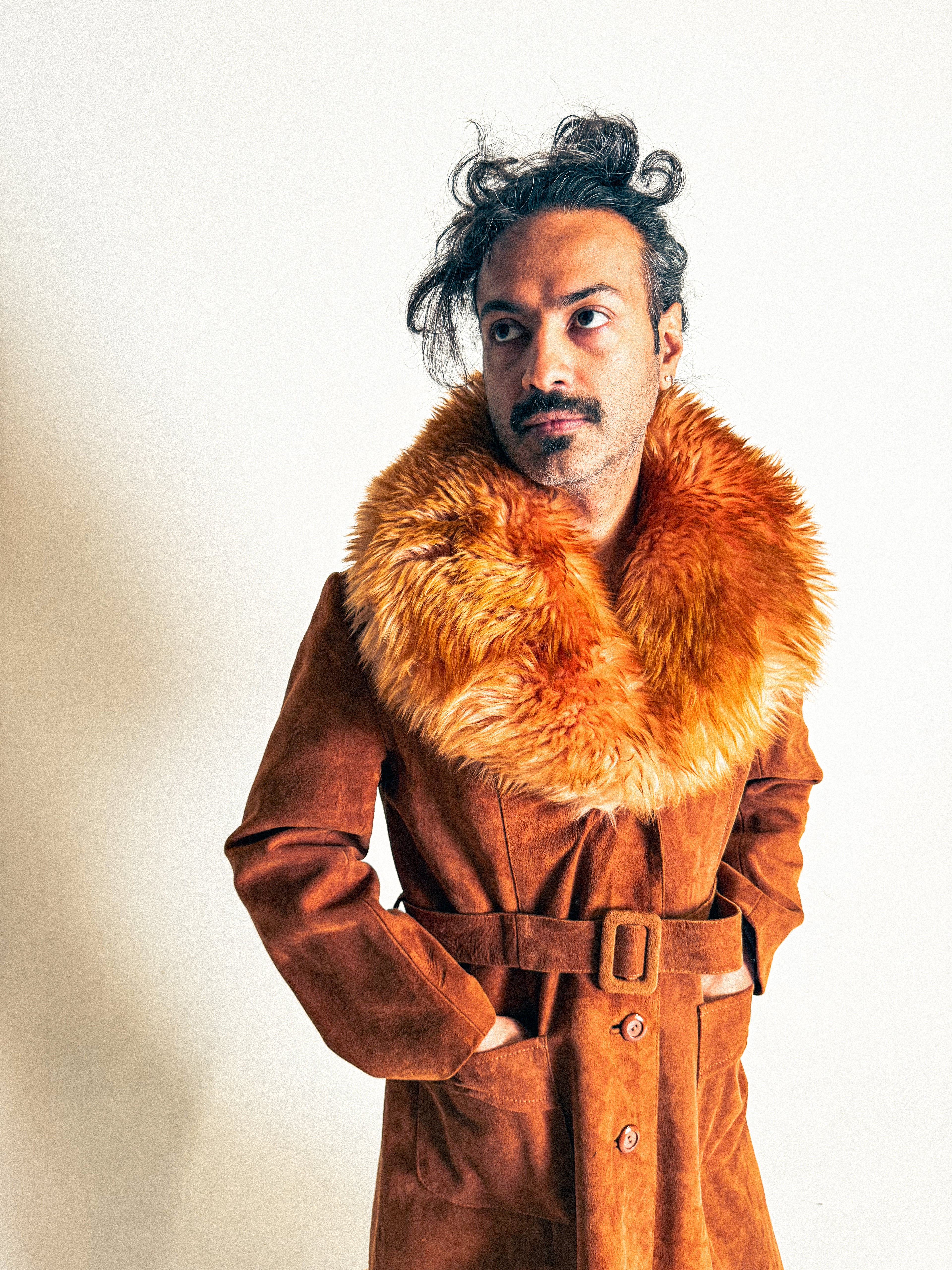 1970s Penny Lane Rusty Tangerine Suede and Sheepskin Belted Long Coat