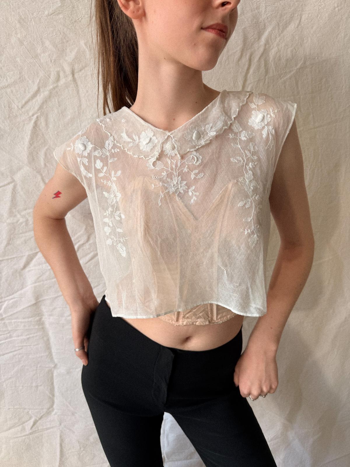 Antique Edwardian French Embroidered Tulle Bodice Blouse | Early 1910s Sheer Net Top