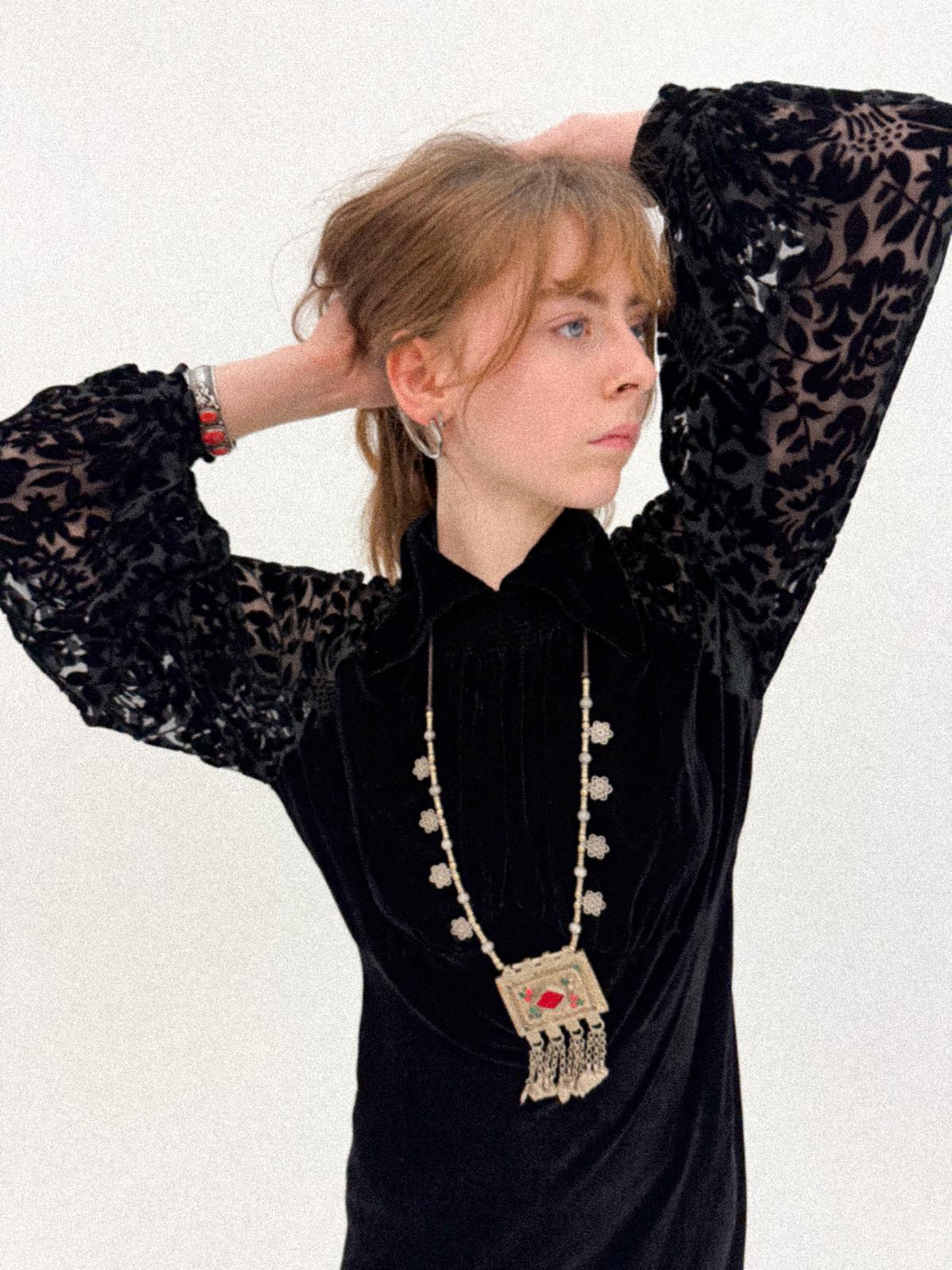 1930s Black Silk Velvet Bias-Cut Gown with Devoré Poet Sleeves