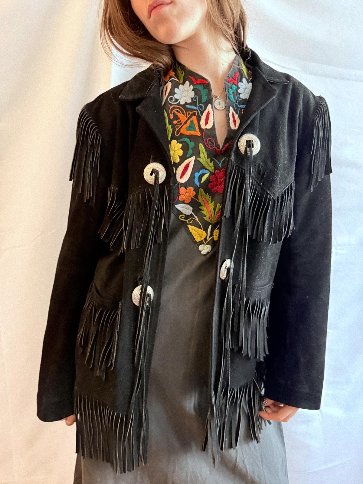 1970s/80s  Black Suede Fringe Jacket with Silver Conchos Unisex