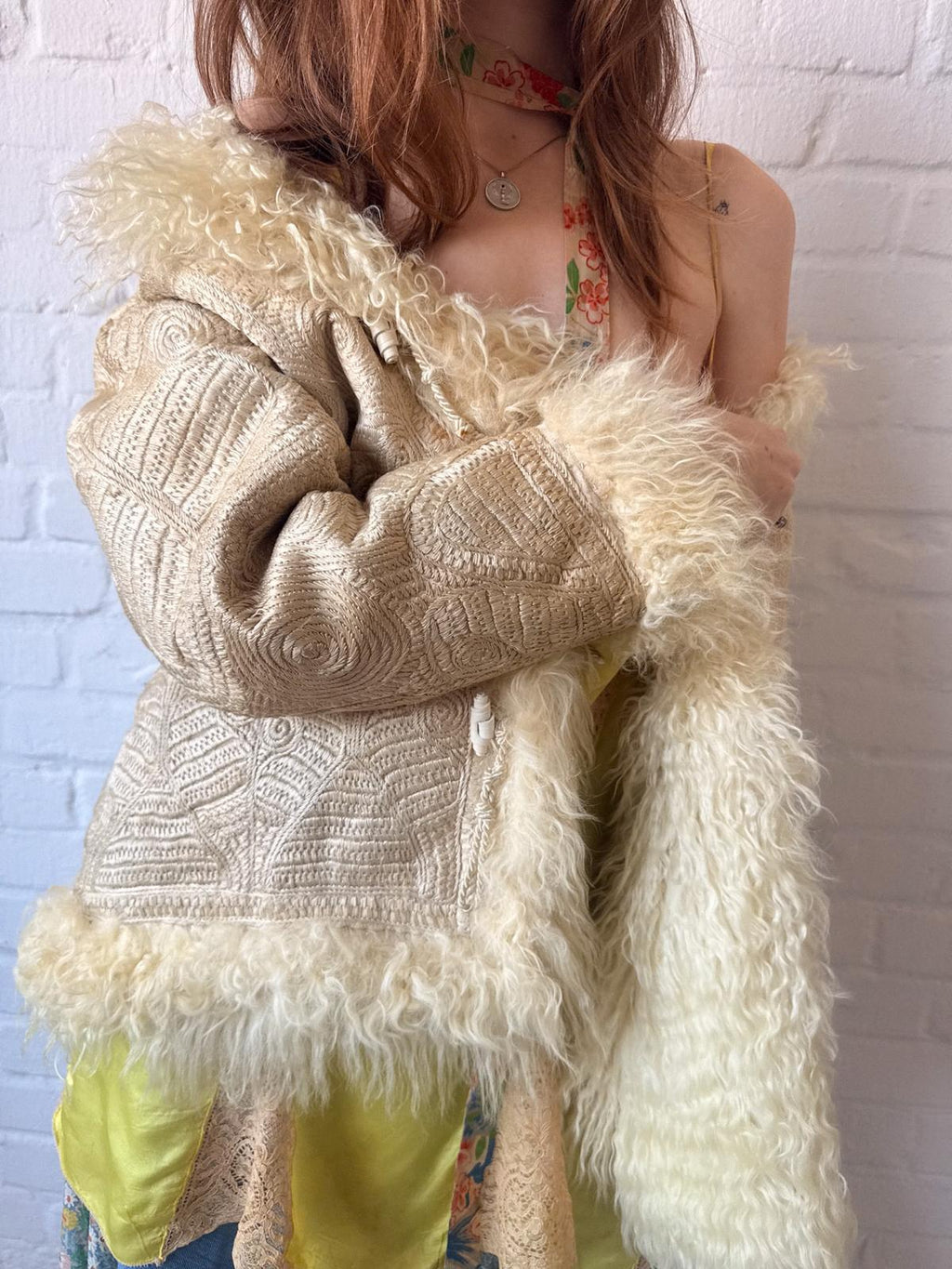 Rare 1960s–70s Fully Embroidered Afghan Style Shearling Jacket – Pearl Cream