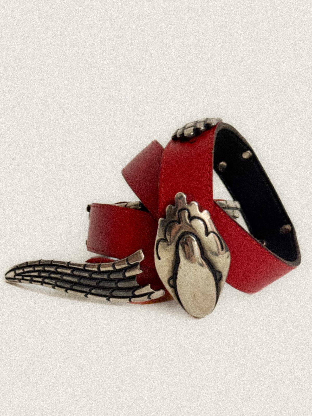 Vintage Red Leather Snake Belt — Silver-Tone Serpent Hardware — Size 75–85