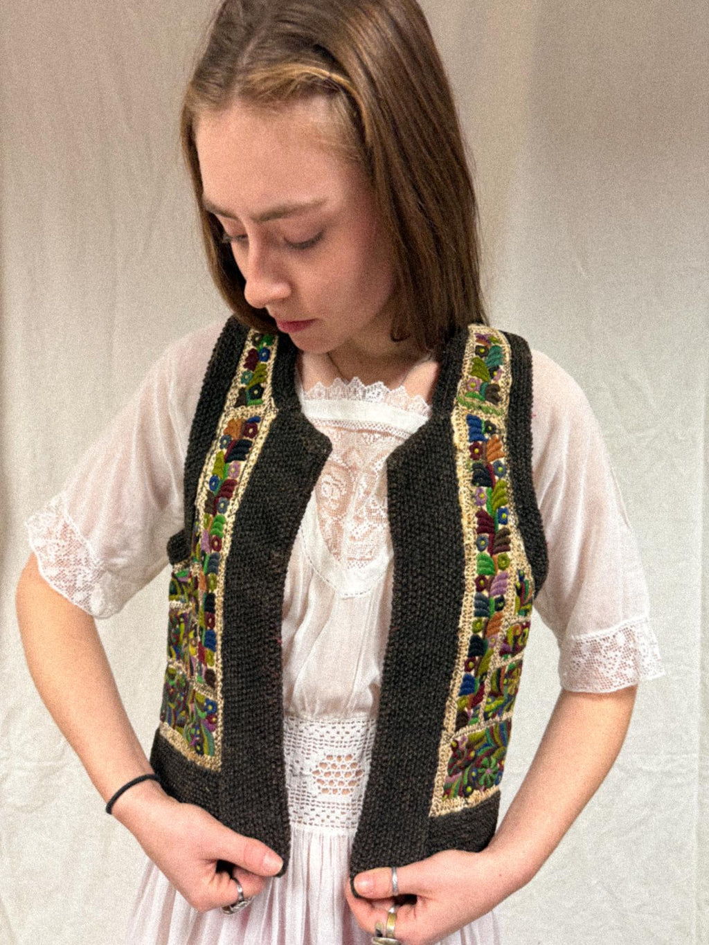 Early-mid 20th Century Romanian Transylvanian Leather Sheepskin Embroidered Vest