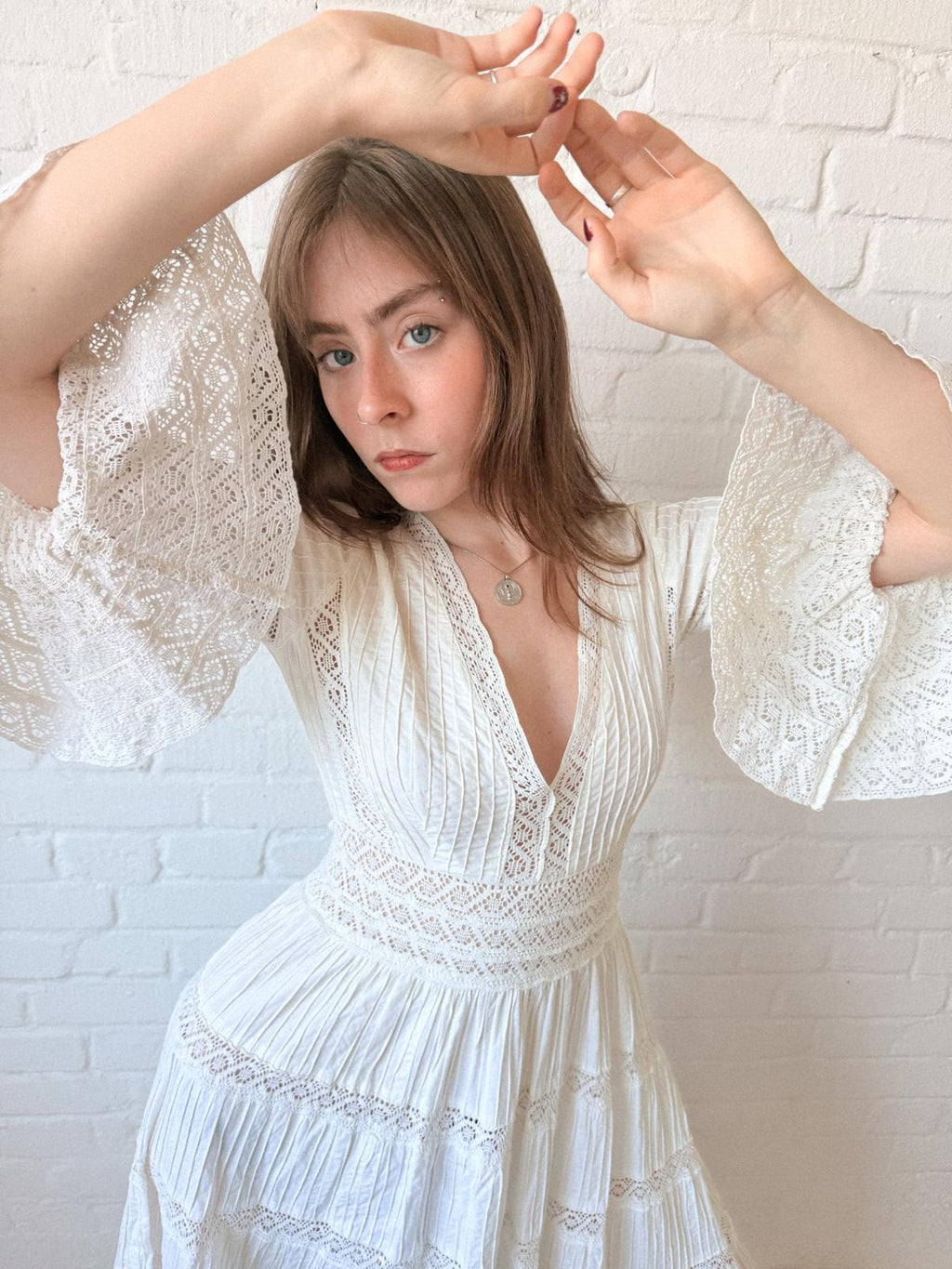 1970s Mexican Cotton and Crochet Lace Dress
