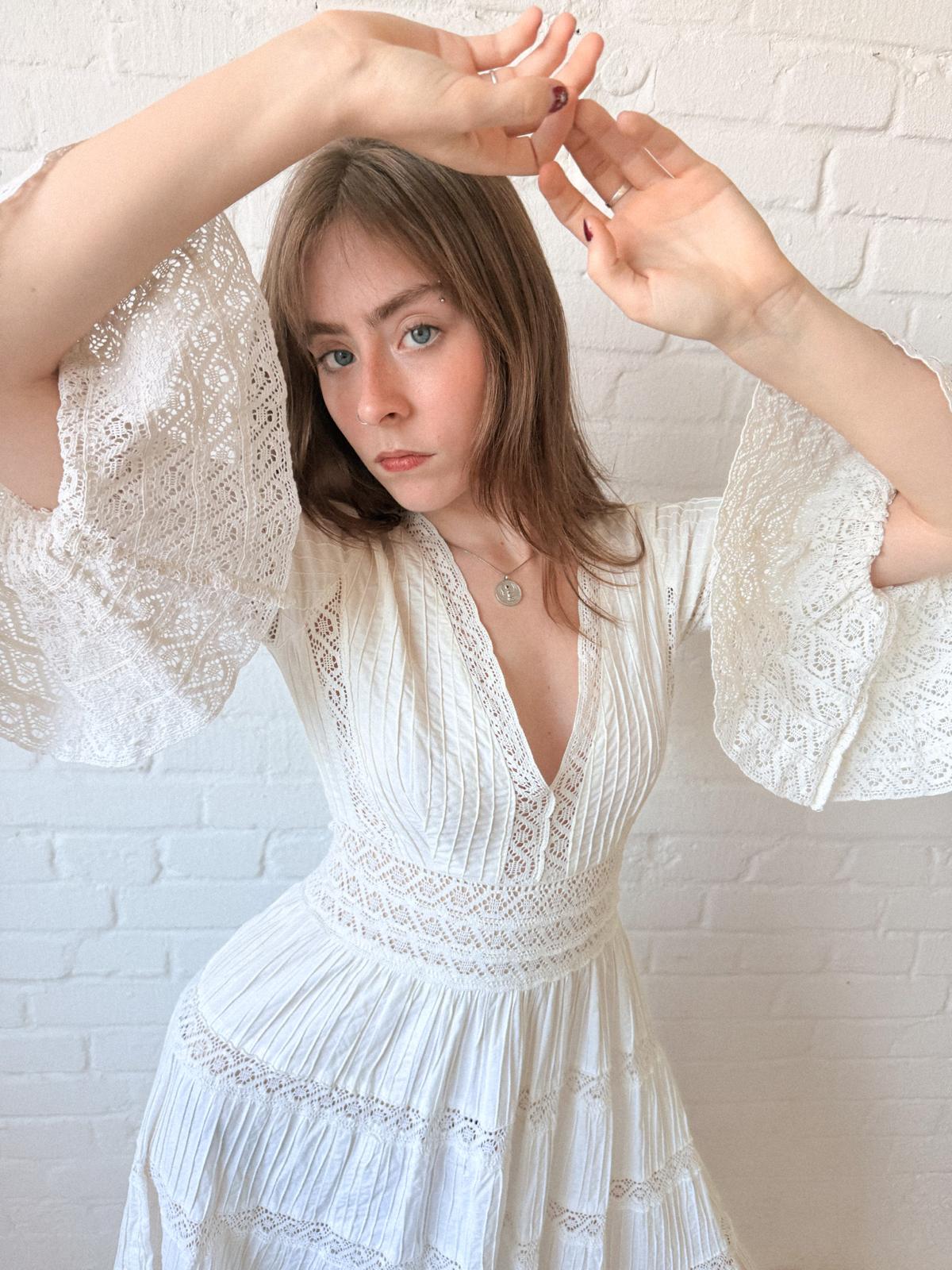 1970s Mexican Cotton and Crochet Lace Dress