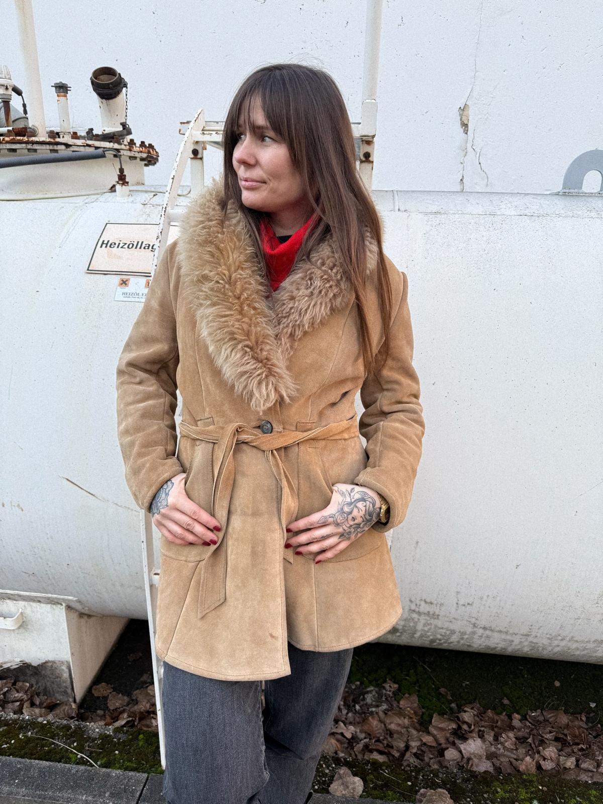 Late 1970s Suede Longline Belted Jacket with Fur Collar