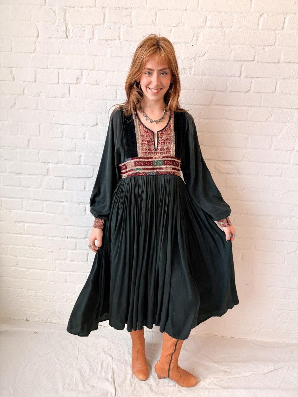 1970s Black Afghan Viscose Dress with Embroidered Velvet Yoke