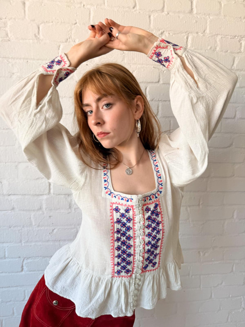 1960s–70s Embroidered Cotton Cheesecloth Peplum Blouse